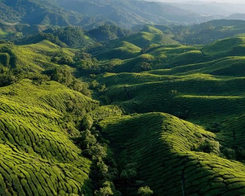 Rolling hill tea plantation with lush greenery captured in a realistic natural landscape view